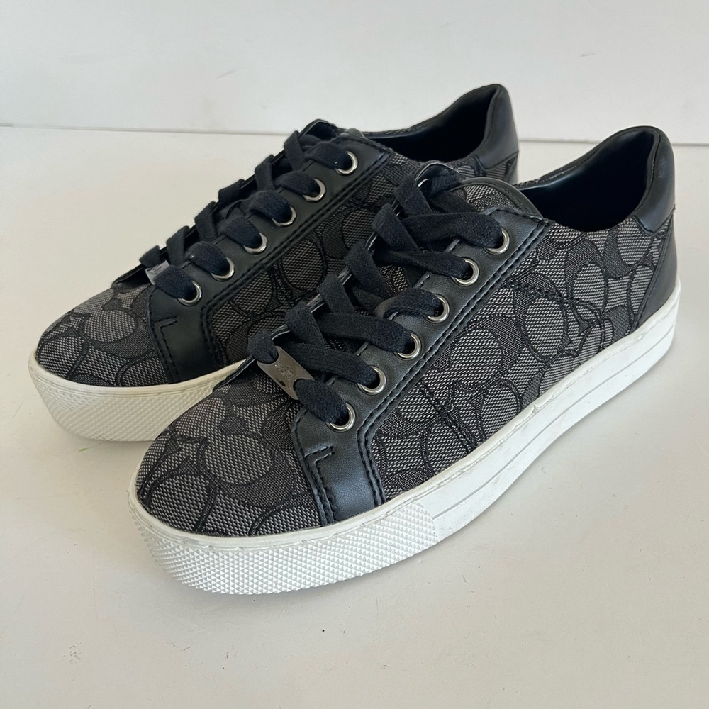 Coach Paddy Lace Up Leather Canvas Sneaker Black Size 5